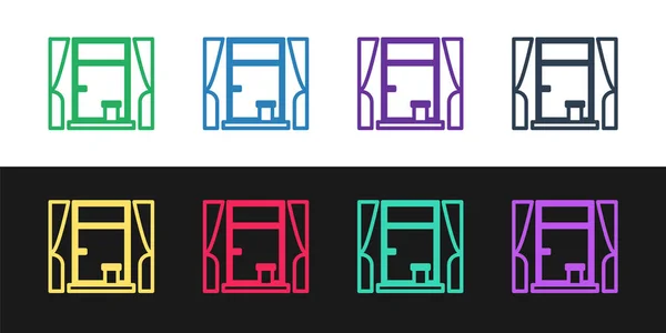 Linienfenster mit Vorhängen im Raumsymbol auf schwarzem und weißem Hintergrund setzen. Vektorillustration — Stockvektor