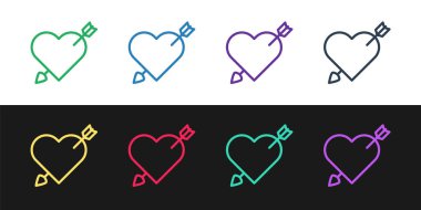 Siyah ve beyaz arkaplanda kalp ve ok ikonlu Amour sembolünü belirle. Aşk işareti. Sevgililer Günü sembolü. Vektör İllüstrasyonu