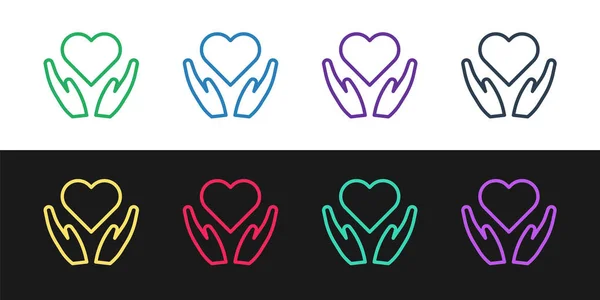 Set line heart on hand icon isoliert auf schwarzem und weißem Hintergrund. Hand, die Liebe symbolisiert. Valentinstag-Symbol. Vektorillustration — Stockvektor