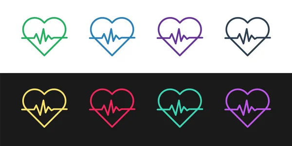 Establecer línea Icono de frecuencia cardíaca aislado sobre fondo blanco y negro. Signo de latido. Icono de pulso. Icono del cardiograma. Ilustración vectorial — Vector de stock