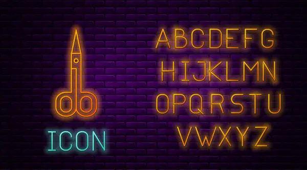 वीट भिंत पार्श्वभूमीवर वेगळे चमकणारे निऑन ओळ कातडी चिन्ह. कटिंग साधन साइन. निओन प्रकाश वर्णमाला. व्हेक्टर इलस्ट्रेशन — स्टॉक व्हेक्टर