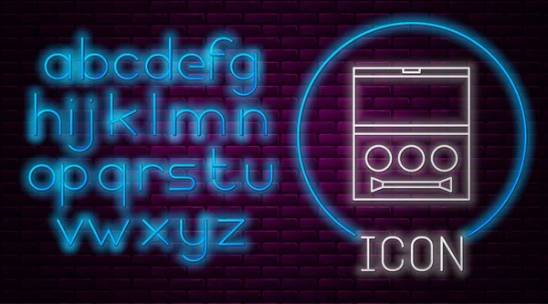 Glowing neon line Eye shadow palette with brush icon isolated on brick wall background. Neon light alphabet. Vector Illustration — 스톡 벡터