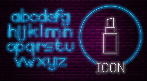 Glowing neon line Lipstick icon isolated on brick wall background. Neon light alphabet. Vector Illustration — 스톡 벡터