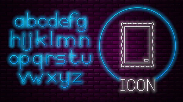 Glowing neon line Picture icon isolated on brick wall background. Neon light alphabet. Vector Illustration — 스톡 벡터