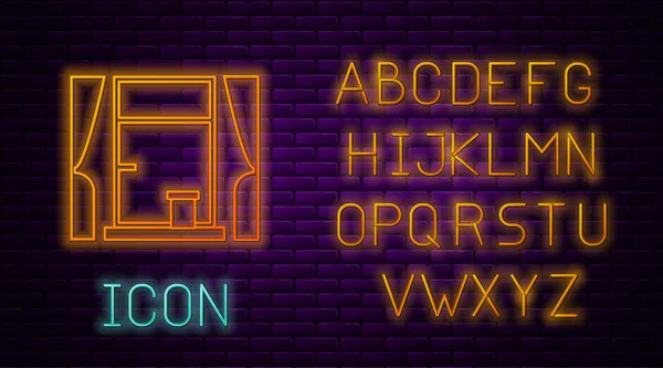 Glowing neon line Window with curtains in the room icon isolated on brick wall background. Neon light alphabet. Vector Illustration — 스톡 벡터