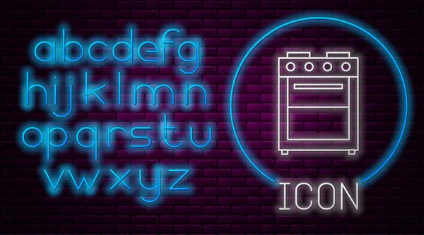 Gloeiende neon lijn Oven pictogram geïsoleerd op baksteen muur achtergrond. Een gasovenbord. Neon licht alfabet. Vector Illustratie — Stockvector