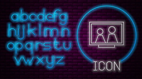 Glowing neon line Picture frame on table icon isolated on brick wall background. Neon light alphabet. Vector Illustration — 스톡 벡터