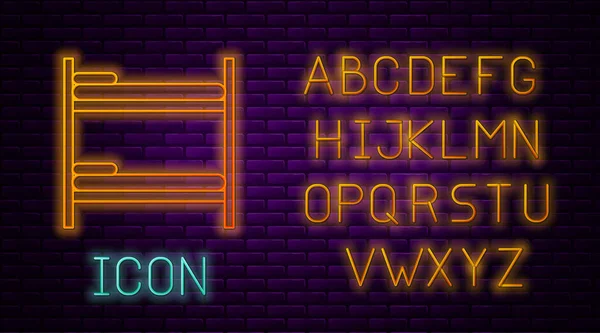 Gloeiende neon lijn Bunk bed pictogram geïsoleerd op baksteen muur achtergrond. Neon licht alfabet. Vector Illustratie — Stockvector