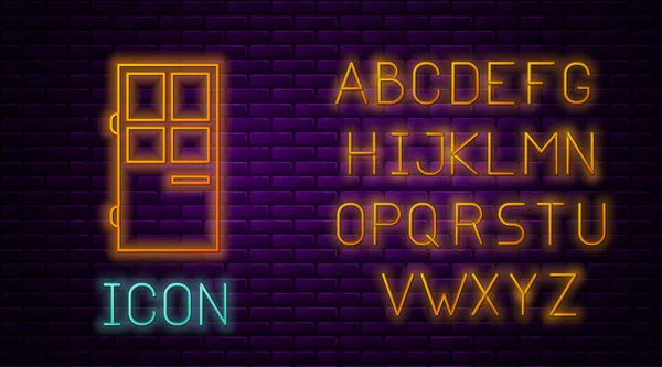 Glowing neon line Closed door icon isolated on brick wall background. Neon light alphabet. Vector Illustration — Stock Vector