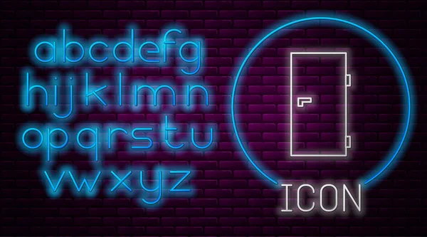 Glowing neon line Closed door icon isolated on brick wall background. Neon light alphabet. Vector Illustration — 스톡 벡터