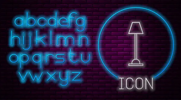 Glowing neon line Floor lamp icon isolated on brick wall background. Neon light alphabet. Vector Illustration — Stock Vector