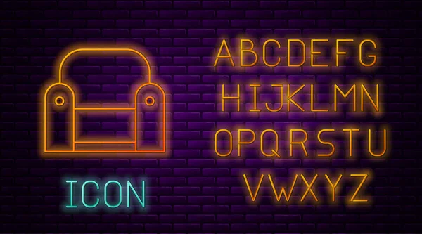 Сяюча неонова лінія Крісло значок ізольовано на фоні цегляної стіни. Неоновий легкий алфавіт. Векторна ілюстрація — стоковий вектор