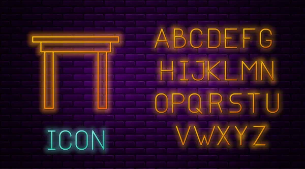 Glowing neon line Wooden table icon isolated on brick wall background. Neon light alphabet. Vector Illustration — 스톡 벡터