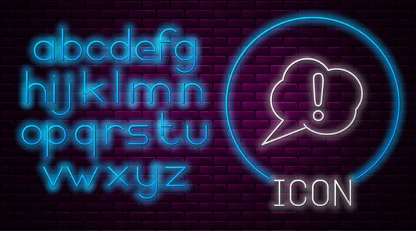Glowing neon line Speech bubble and Exclamation icon isolated on brick wall background. FAQ sign. Copy files, chat speech bubble and chart. Neon light alphabet. Vector Illustration — 스톡 벡터