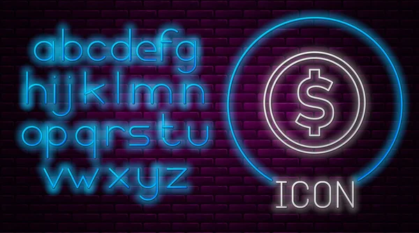 Glowing neon line Coin money with dollar symbol icon isolated on brick wall background. Banking currency sign. Cash symbol. Neon light alphabet. Vector Illustration — 스톡 벡터