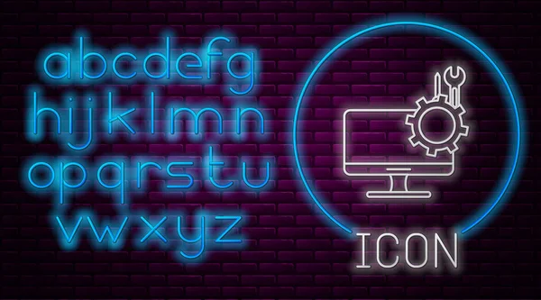 Gloeiende neon lijn Computer monitor met schroevendraaier en moersleutel pictogram geïsoleerd op baksteen muur achtergrond. Aanpassen, service, instelling, onderhoud, reparatie. Neon licht alfabet. Vector Illustratie — Stockvector