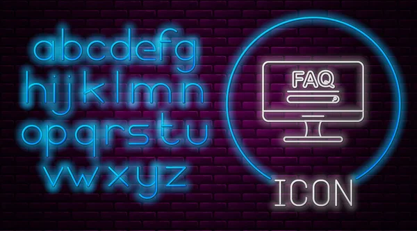 Gloeiende neon lijn Computer monitor met tekst Faq informatie pictogram geïsoleerd op baksteen muur achtergrond. Veel gestelde vragen. Neon licht alfabet. Vector Illustratie — Stockvector