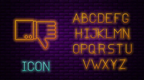 Glowing neon line Dislike icon isolated on brick wall background. Neon light alphabet. Vector Illustration — Stock Vector