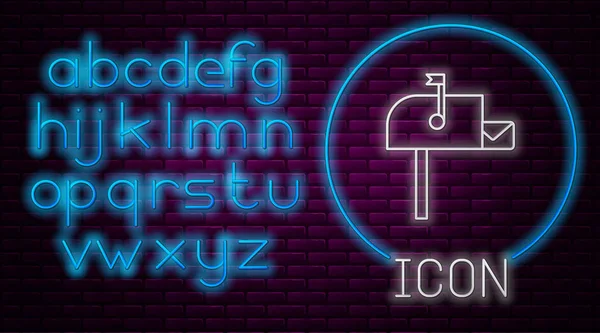 Leuchtende Neon-Linie offenen Briefkasten-Symbol isoliert auf Backsteinwand Hintergrund. Briefkastensymbol. Briefkasten an Mast mit Fahne. Neonlicht-Alphabet. Vektorillustration — Stockvektor