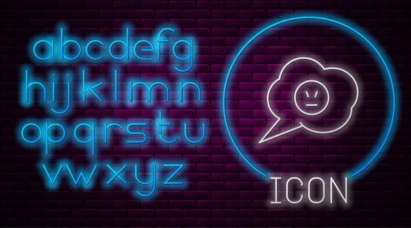 Glowing neon line Speech bubble with angry smile icon isolated on brick wall background. Emoticon face. Neon light alphabet. Vector Illustration — 스톡 벡터