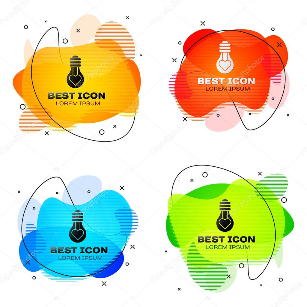 Black Heart shape in a light bulb icon isolated on white background. Love symbol. Valentine day symbol. Set abstract banner with liquid shapes. Vector Illustration