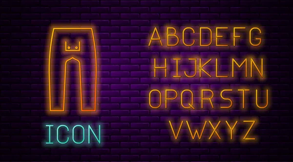 Gloeiende neon lijn Broek pictogram geïsoleerd op baksteen muur achtergrond. Neon licht alfabet. Vector Illustratie — Stockvector
