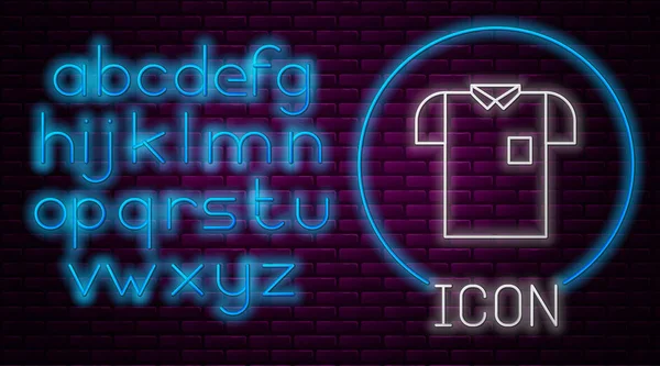Glowing neon line Polo shirt icon isolated on brick wall background. Neon light alphabet. Vector Illustration — ストックベクタ