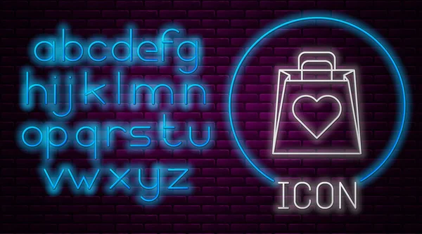 Glowing neon line Shopping bag with heart icon isolated on brick wall background. Shopping bag shop love like heart icon. Valentines day symbol. Neon light alphabet. Vector Illustration — 스톡 벡터