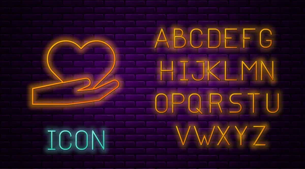 Linha de néon brilhante Coração na mão ícone isolado no fundo da parede de tijolo. Mão dando símbolo de amor. Símbolo do dia dos namorados. Alfabeto claro de néon. Ilustração vetorial — Vetor de Stock