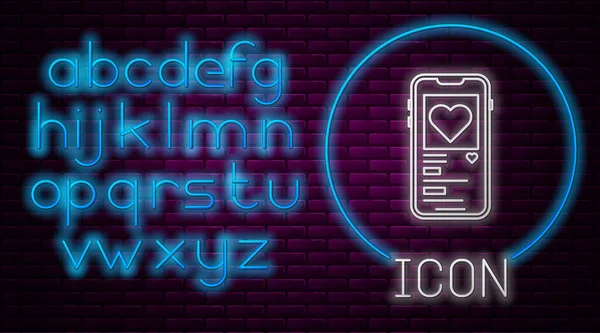 Glowing neon line Mobile phone with heart icon isolated on brick wall background. Valentines day. Neon light alphabet. Vector Illustration — 스톡 벡터