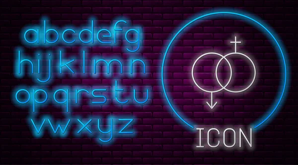 Glowing neon line Gender icon isolated on brick wall background. Symbols of men and women. Sex symbol. Valentines day concept. Neon light alphabet. Vector Illustration — 스톡 벡터