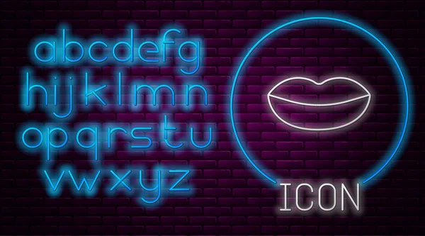 Glowing neon line Smiling lips icon isolated on brick wall background. Smile symbol. Neon light alphabet. Vector Illustration — 스톡 벡터