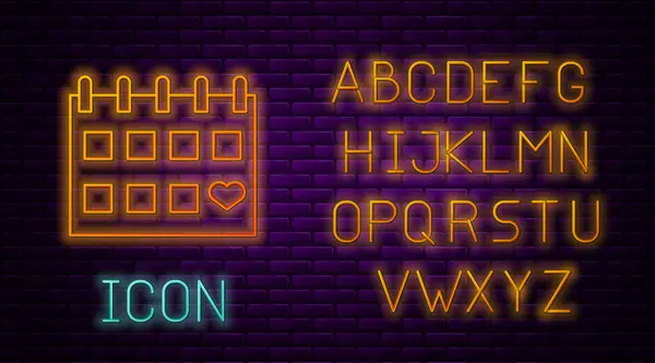 Świecący neon linii Kalendarz z ikoną serca izolowane na tle cegły ściany. Walentynki. Symbol miłości. 14 lutego. Neonowy alfabet świetlny. Ilustracja wektora — Wektor stockowy