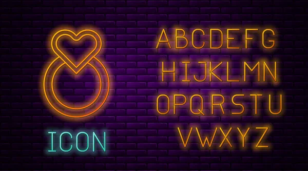 Linha de néon brilhante Anéis de casamento ícone isolado no fundo da parede de tijolo. Sinal de jóias de noivo e noiva. Símbolo de casamento. Anel de diamante. Alfabeto claro de néon. Ilustração vetorial — Vetor de Stock