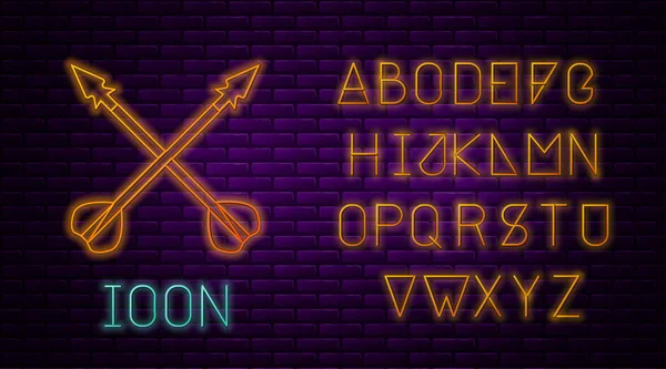 Glowing neon line Medieval crossed arrows icon isolated on brick wall background. Medieval weapon. Neon light alphabet. Vector Illustration — ストックベクタ