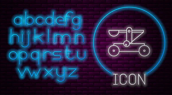 Glowing neon line Old medieval wooden catapult shooting stones icon isolated on brick wall background. Neon light alphabet. Vector Illustration — 스톡 벡터