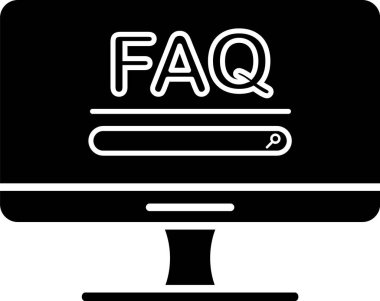 Siyah Bilgisayar monitörü beyaz arkaplanda izole edilmiş Faq bilgi simgesi ile. Sık sık sorulan sorular. Vektör İllüstrasyonu