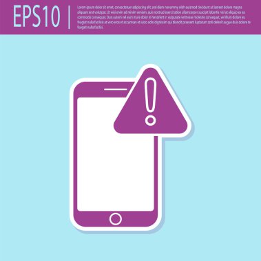 Turkuaz arka planda izole edilmiş ünlem sembolü simgesi olan mor renkli cep telefonu. Uyarı mesajı akıllı telefon uyarısı. Vektör İllüstrasyonu