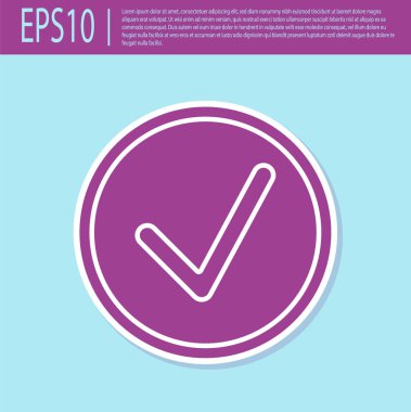 Turkuaz arka planda izole edilmiş daire simgesinde mor kontrol işareti. Seçim düğmesi işareti. İşaretleme sembolü. Vektör İllüstrasyonu