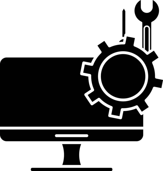 Zwarte Computer monitor met schroevendraaier en moersleutel pictogram geïsoleerd op witte achtergrond. Aanpassen, service, instelling, onderhoud, reparatie. Vector Illustratie — Stockvector