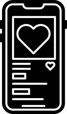 Beyaz arka planda kalp ikonu olan siyah cep telefonu. Sevgililer Günü. Vektör İllüstrasyonu