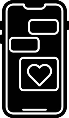 Beyaz arka planda kalp ikonu olan siyah cep telefonu. Sevgililer Günü. Vektör İllüstrasyonu