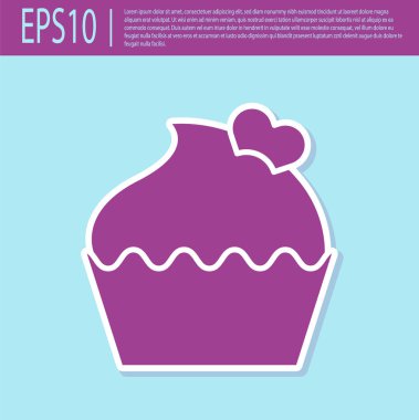 Turkuaz arka planda izole edilmiş kalp ikonu olan retro mor düğün pastası. Sevgililer Günü sembolü. Vektör İllüstrasyonu