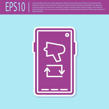 Retro mor kelimeyi yay, cep telefonu simgesine megafon koy turkuaz arka planda izole edilmiş. Vektör İllüstrasyonu