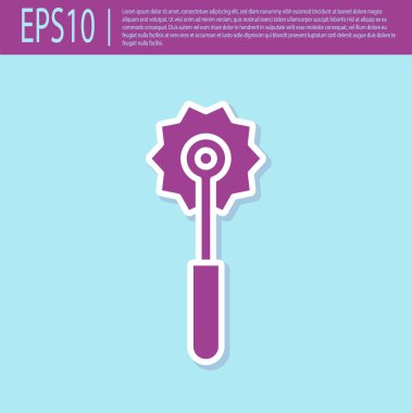 Retro mor Pizza bıçak simgesi turkuaz arka plan izole. Pizza kesici işareti. Çelik mutfak eşyaları ekipmanları. Vektör İllüstrasyonu