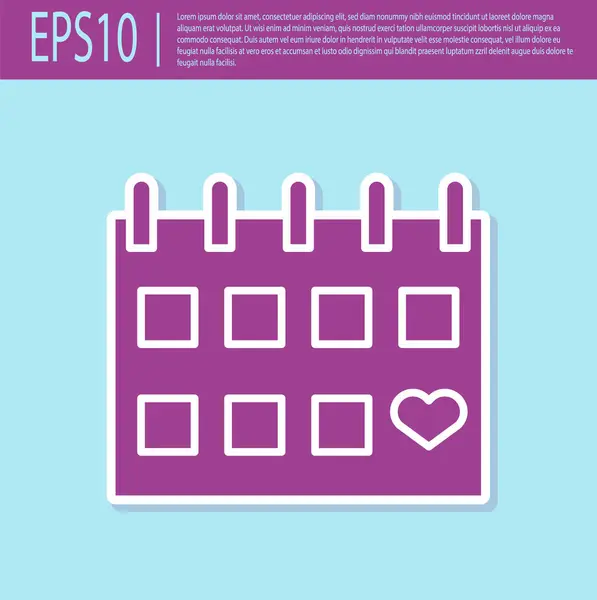 Retro purple Calendar with heart icon isolated on turquoise background. Valentines day. Love symbol. February 14. Vector Illustration — 스톡 벡터
