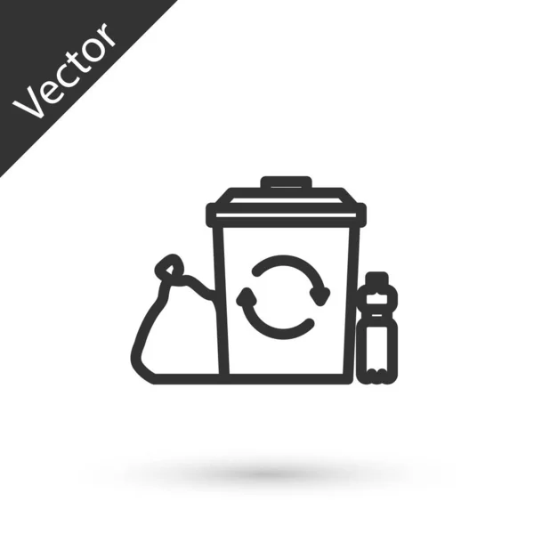 Línea gris Papelera de reciclaje con icono de símbolo de reciclaje aislado sobre fondo blanco. Icono de bote de basura. Cartel de basura. Cesta de reciclaje. Ilustración vectorial — Vector de stock