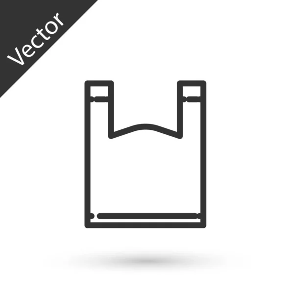 Línea gris Icono de bolsa de plástico aislado sobre fondo blanco. Celofán desechable y señal de prohibición paquete de polietileno. Ilustración vectorial — Vector de stock