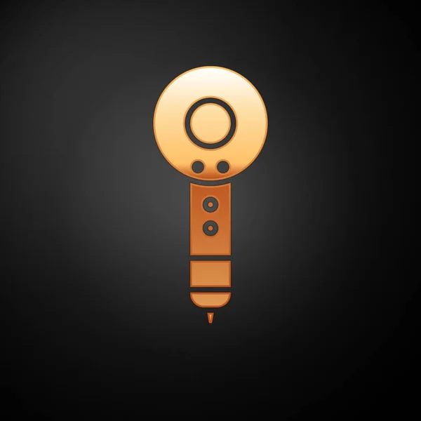Arany Hajszárító ikon elszigetelt fekete alapon. Hajszárító tábla. Hajszárító szimbólum. Forró levegőt fújok. Vektorillusztráció — Stock Vector