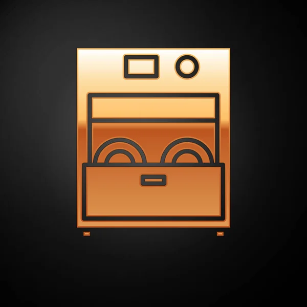 Goldene Ikone der Küchenspülmaschine isoliert auf schwarzem Hintergrund. Vektorillustration — Stockvektor